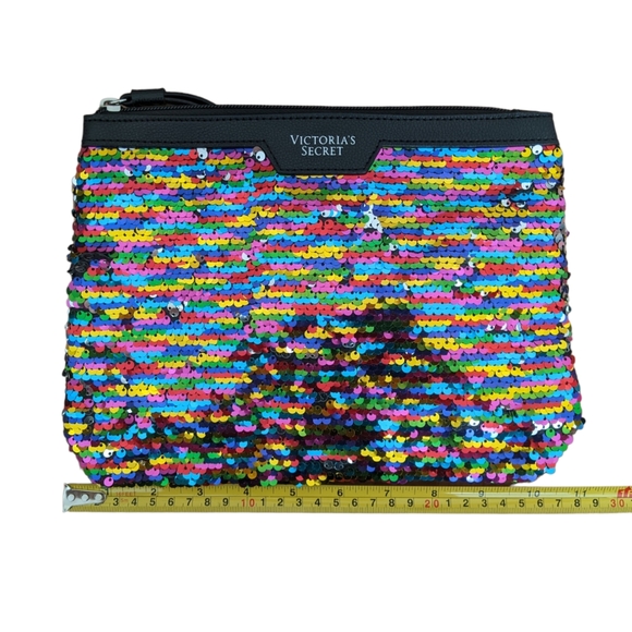 Victoria’s Secret Black Flip Rainbow Colorful Sequin Cosmetic Makeup Pou… - Picture 3 of 5